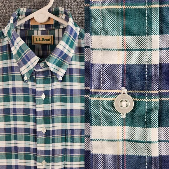 VTG LL Bean Button Up Shirt Short Sleeve Plaid Cotton Blend 16.5 Woven Oxford - Picture 1 of 14